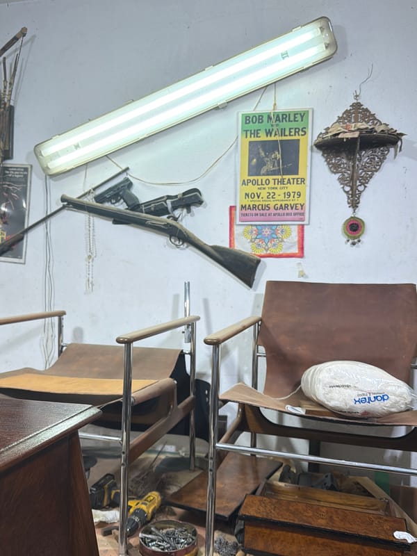 Workshop scene with refinished wooden table observed in Buenos Aires