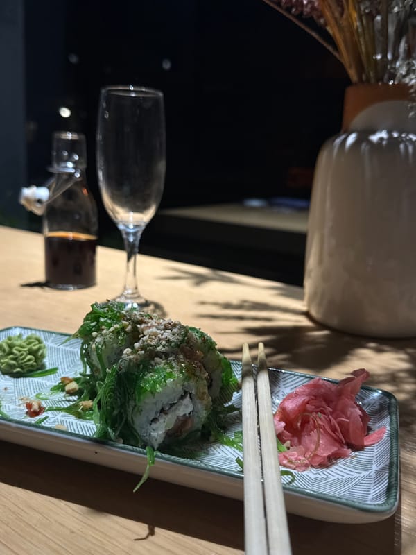 Sushi and champagne at a Sofia restaurant, summer evening