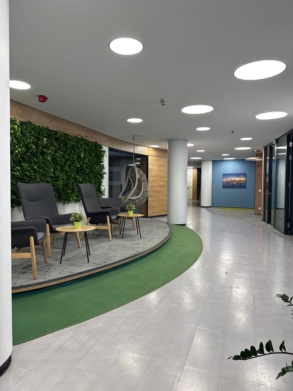 Modern office interior with green wall documented in Sofia