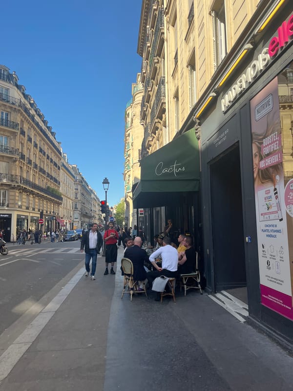 Tourist documents sunny afternoon meal experience in central Paris