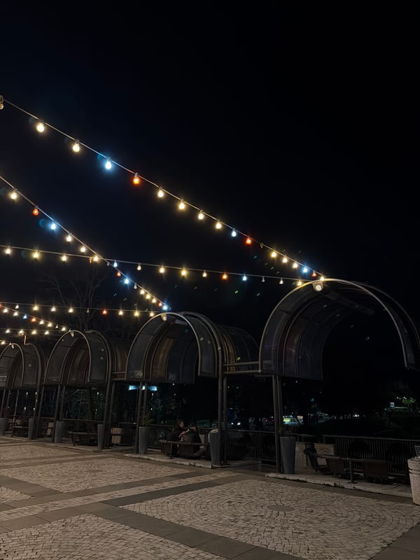 Colored lights illuminate nighttime public space in Blagoevgrad, Bulgaria