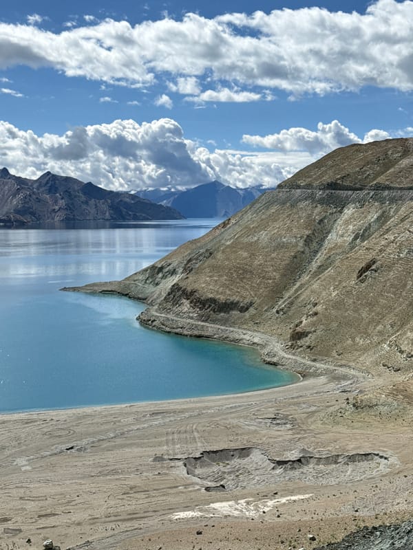 Turquoise high-altitude lake framed by Ladakh's barren mountains