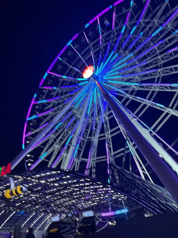 Illuminated Ferris wheel lights up Puebla night sky