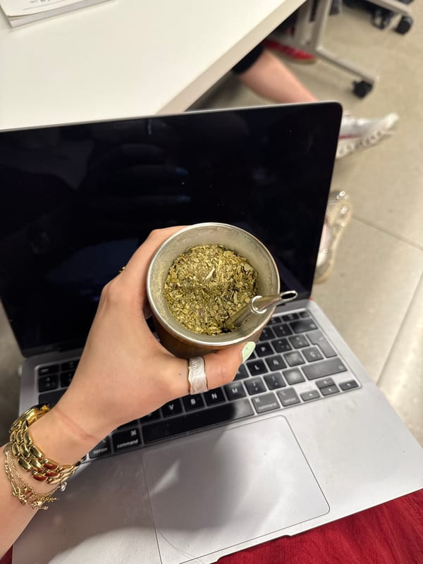 Person drinks traditional mate while using laptop in Mexico City