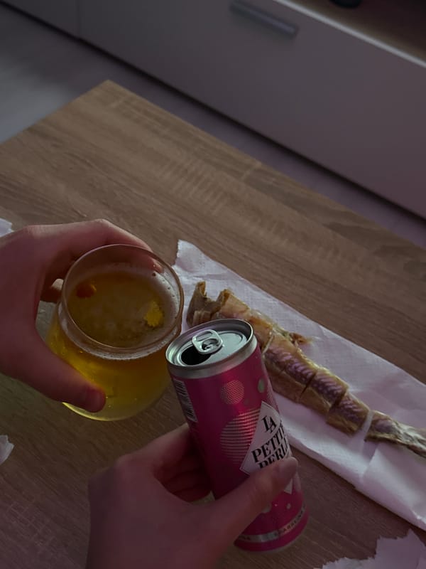 Beer and dried fish snack session captured over 42 minutes