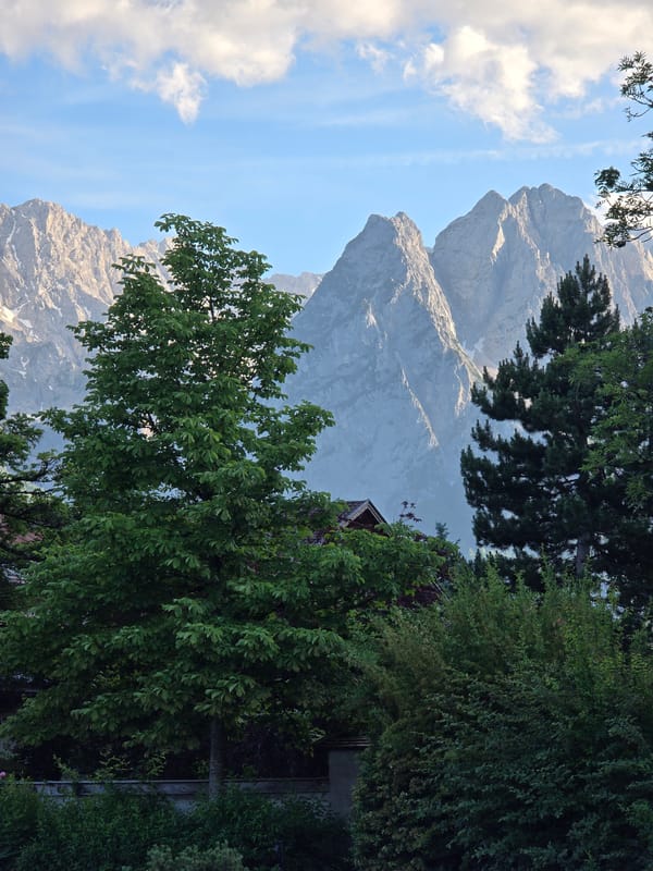 Garmisch-Partenkirchen streets and peaks on a clear June afternoon