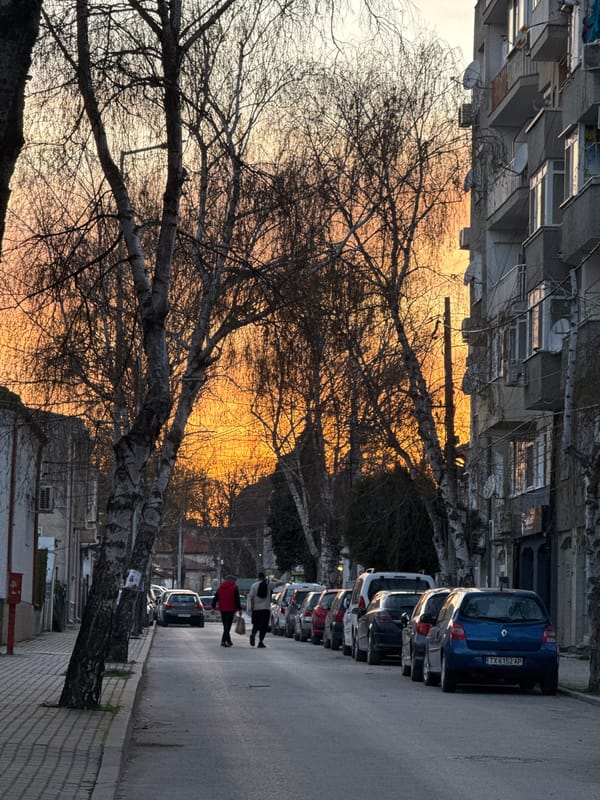 Two people spotted on sunset street in Dobrich, Bulgaria