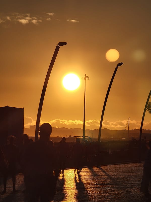 Sunset stroll along the Quarteira waterfront with a black dog
