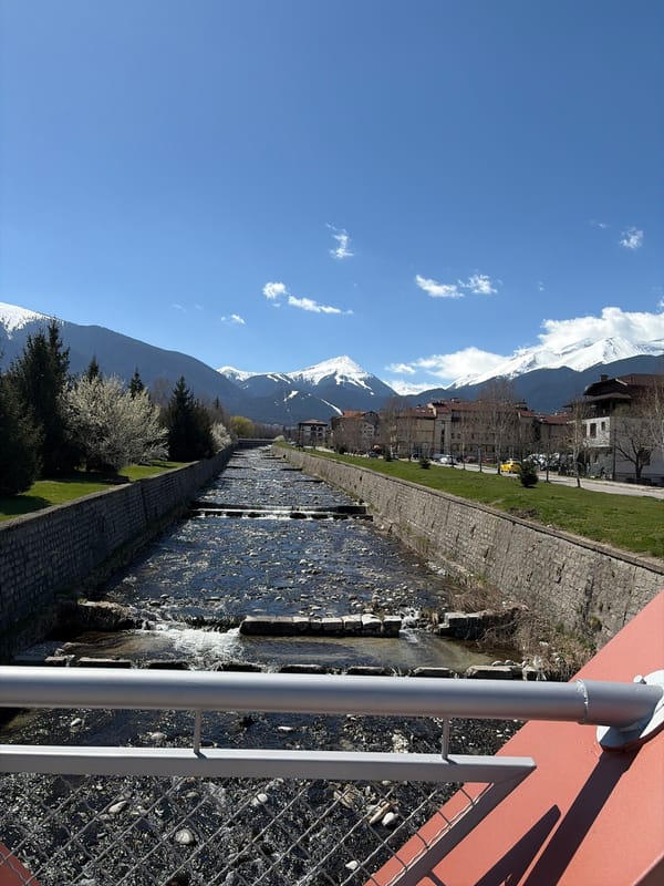Glazne River flows through stone channels in Bansko, Bulgaria