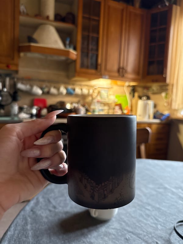 Morning coffee moment captured in Reutov kitchen