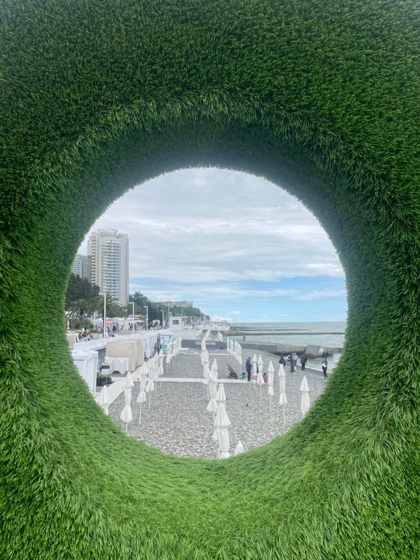 Tourist documents Sochi beachfront scenes and installations during brief visit