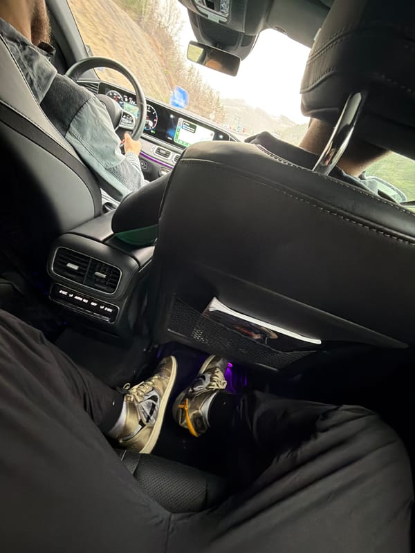 Driver photographed from back seat in moving vehicle, Pravets