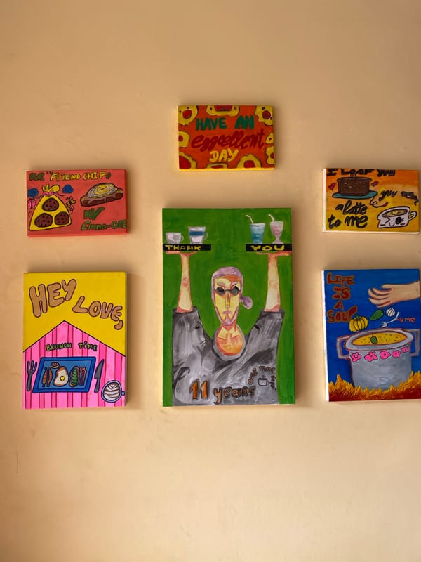 Late-night cafe documentation shows food art, awards, pastries