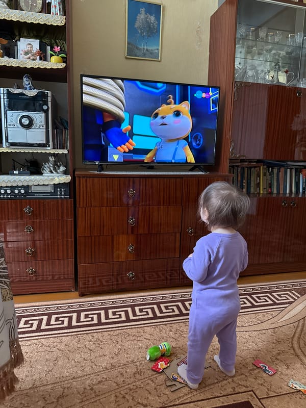 Child watches cartoons on TV in Vyshegor home