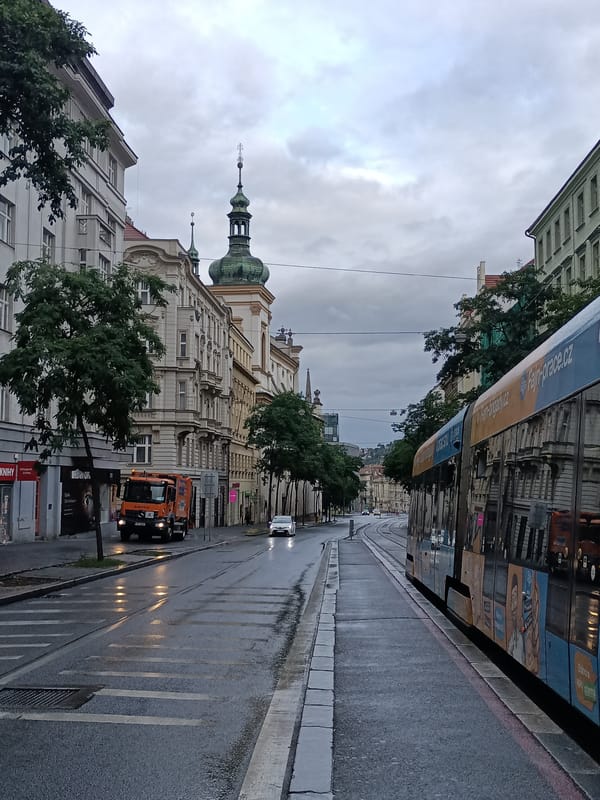Rainy morning tram ride through historic central Prague