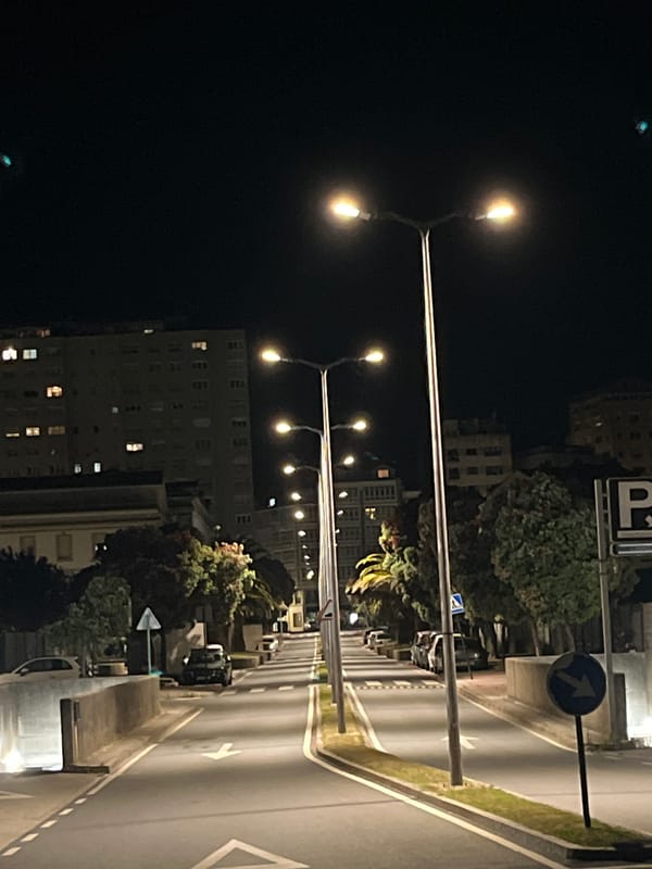 Nighttime street scenes documented in A Coruña, Spain