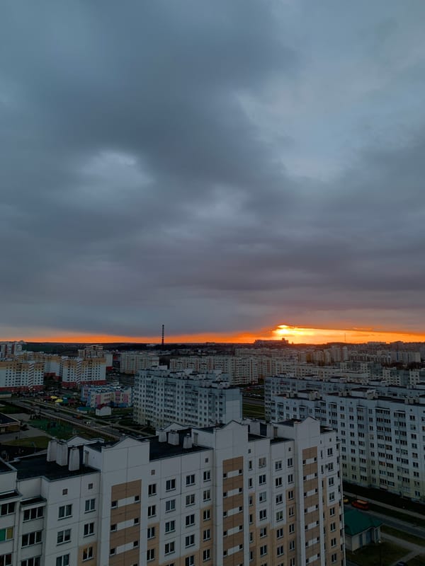 Heavy clouds observed over Hrodna cityscape at dusk
