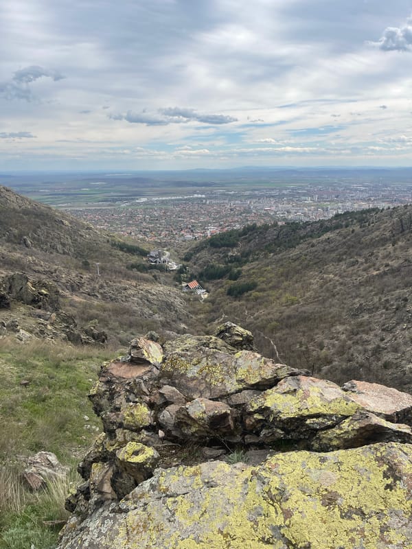 Aerial view captured of Sliven, Bulgaria from mountain overlook