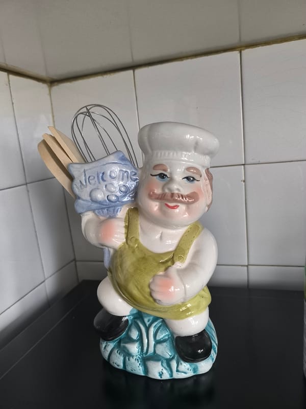 Ceramic chef figurine spotted on kitchen counter in Bulgaria