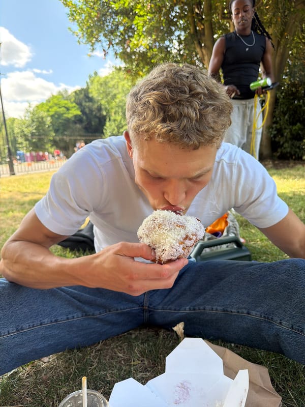 Coconut pastry in a London park on a sunny afternoon