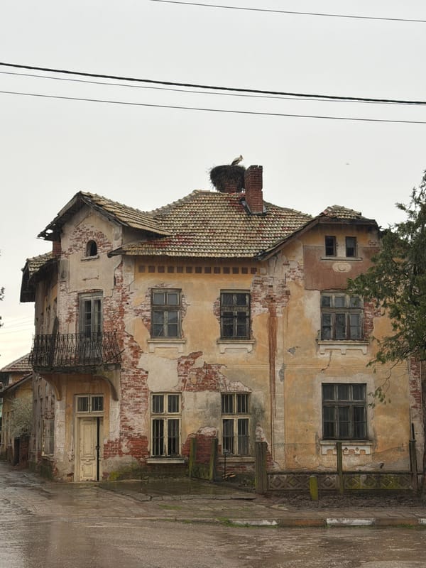 Decaying building with bird nest documented in Bulgarian village
