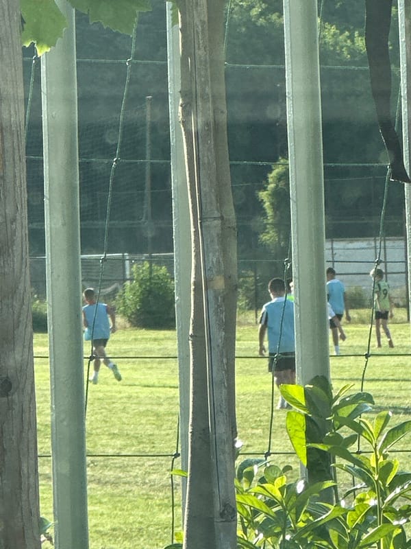 Children play soccer on field in Lovech, Bulgaria