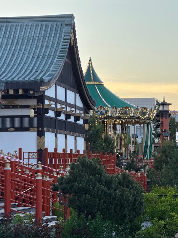Traditional East Asian temple complex documented during golden hour
