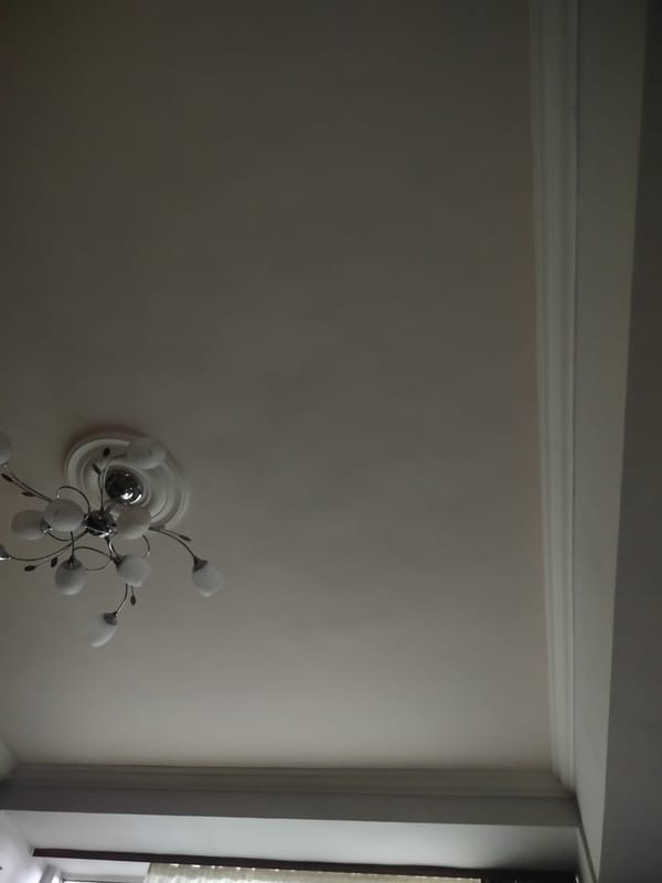 Residential ceiling with chandelier fixture documented by witness