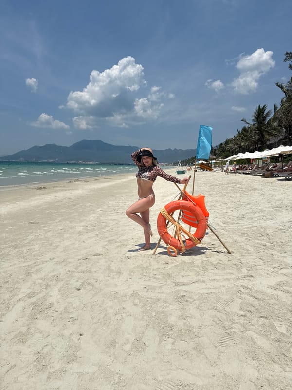 Woman enjoys early morning beach visit in Vietnam