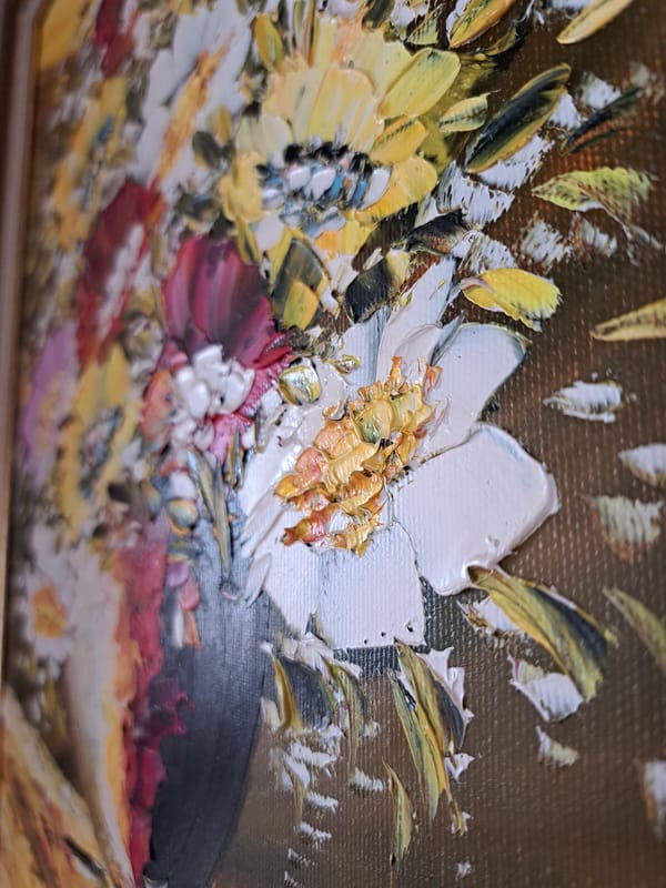 Floral oil paintings documented in Bulgarian home art display