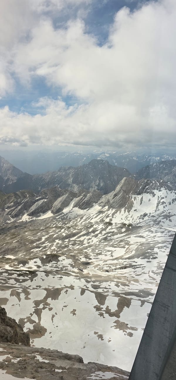 Aerial views over snow-dusted rocky peaks near Grainau