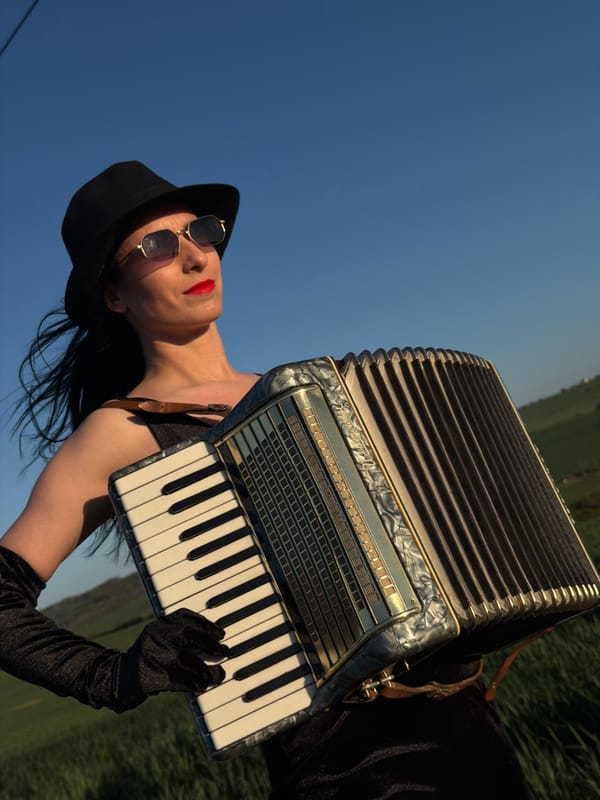 Woman with accordion spotted in vintage attire in Pleven
