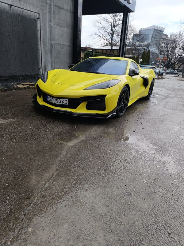 Yellow Corvette spotted on wet Sofia streets after rain