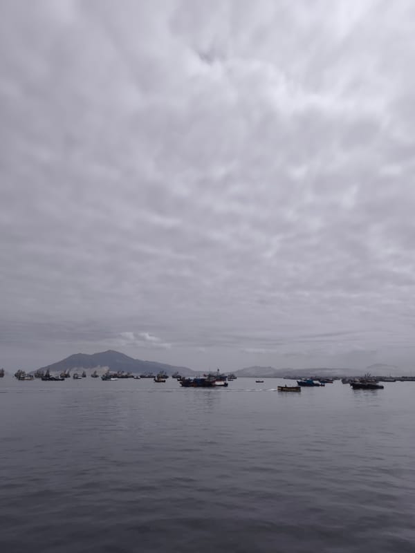 Fishing boats dot calm Chimbote harbor under overcast skies