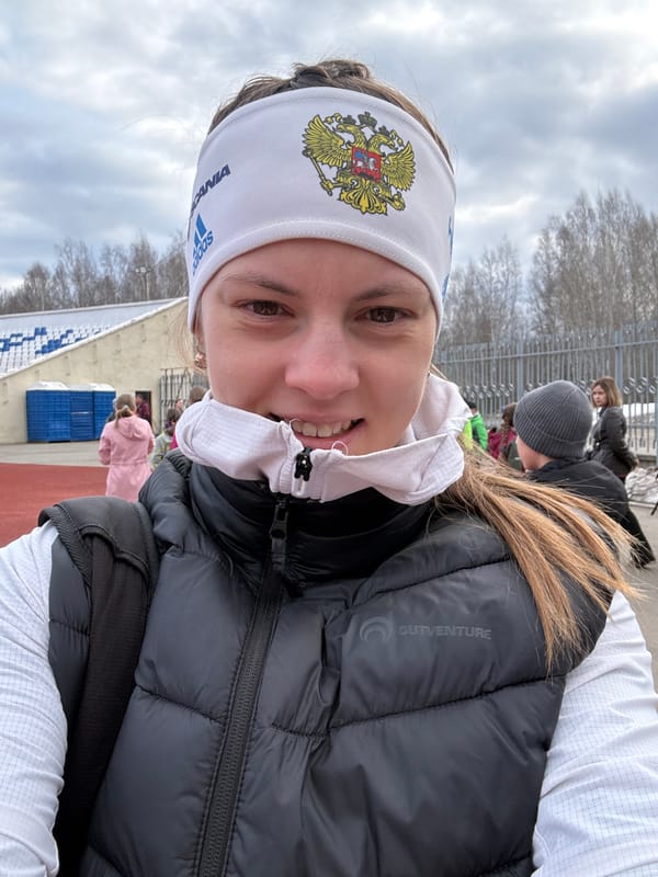 Woman takes selfies at Russian track stadium in Chaikovsky