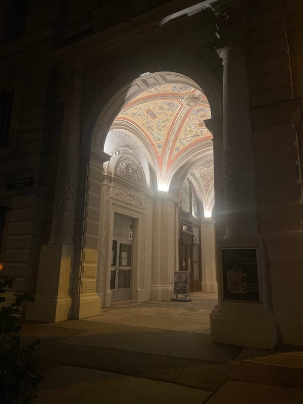 Woman enjoys evening drink near ornate Vienna archway
