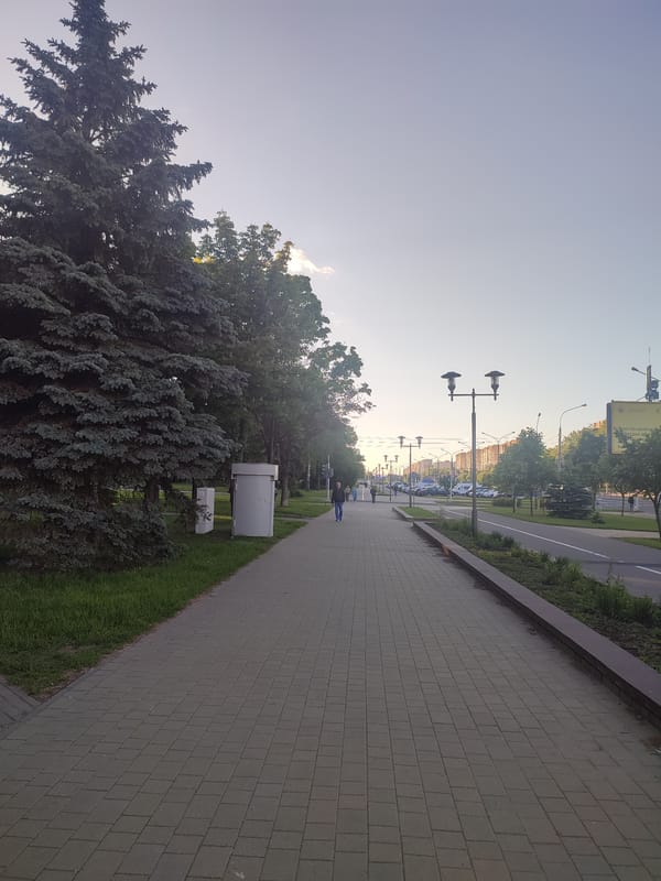 Pedestrian walkway with gray pavers documented in Minsk