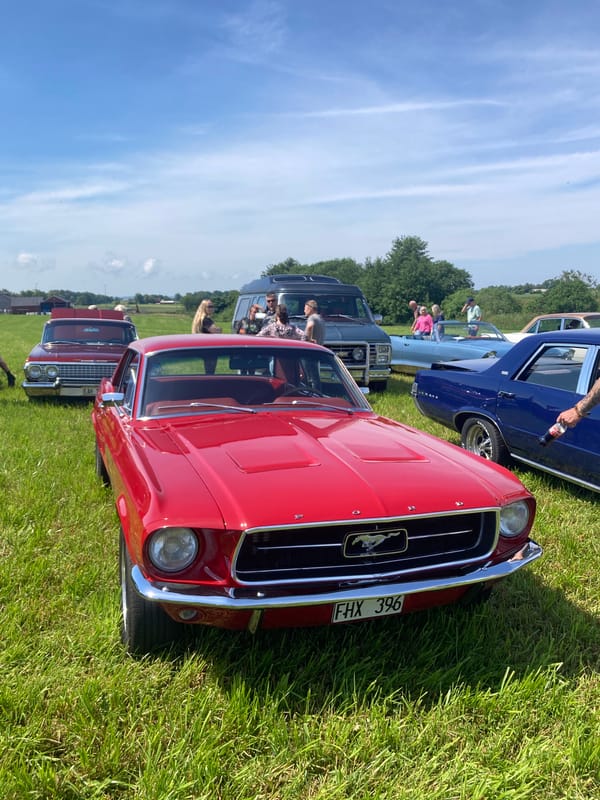 Classic American cars fill a Swedish summer show field