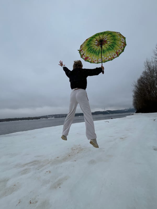Person caught mid-air with umbrella on snowy ground in Russia