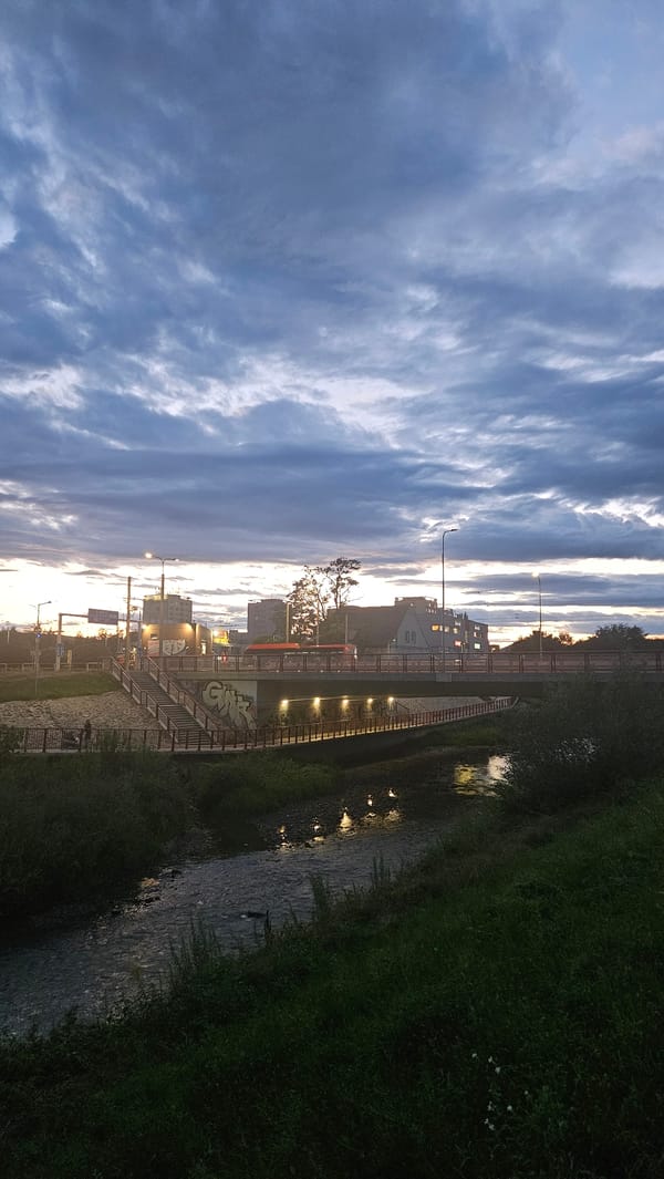 Dusk walk along Prešov's riverside paths and bridges