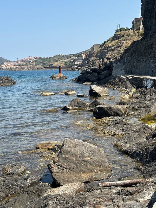 Collioure's rocky coastline on a clear summer afternoon