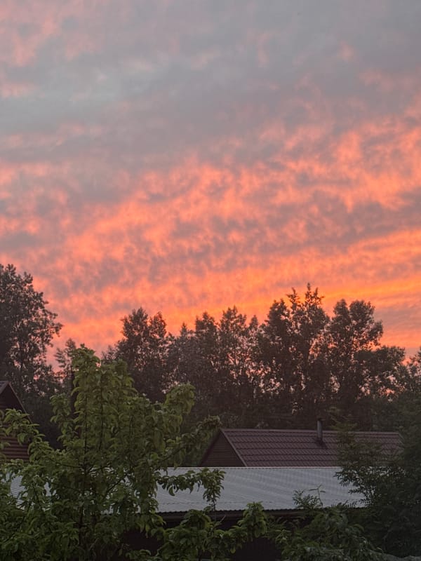 Dramatic sunset displays orange-pink hues over Beryozovka, Russia