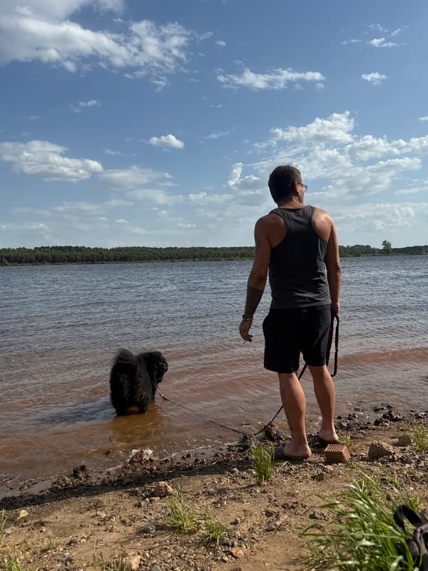 Fishing and dog walking at Doksha Lake, Russia