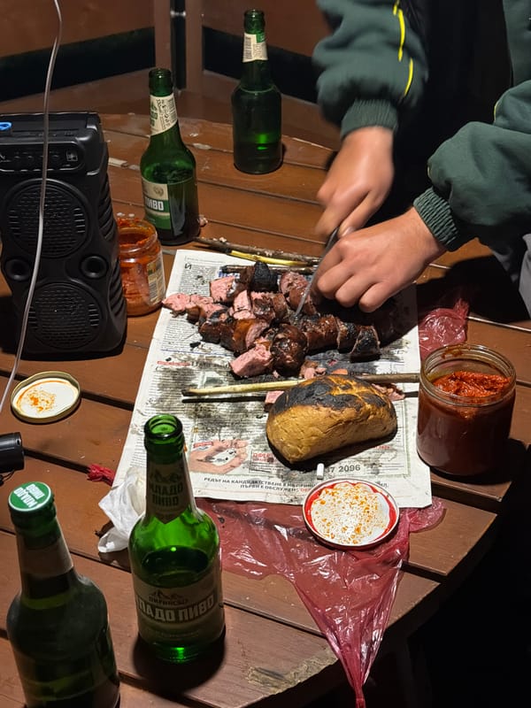 Evening campfire gathering in Tutrakantsi, Bulgaria draws social group