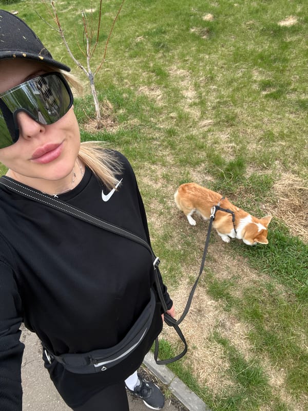 Woman walks Corgi through early morning Krasnoyarsk streets