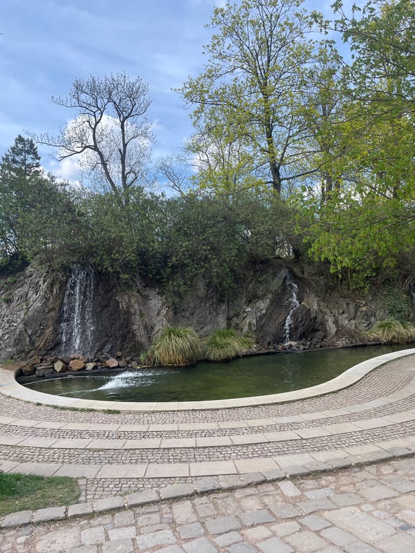 Waterfall and stone walkway documented in Brno, Czechia