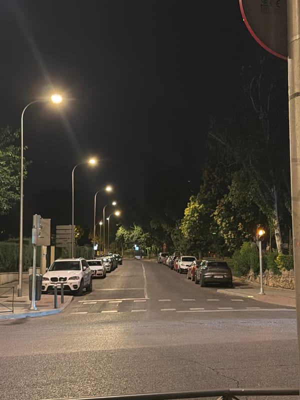 Late-night neighborhood drift through Madrid streets