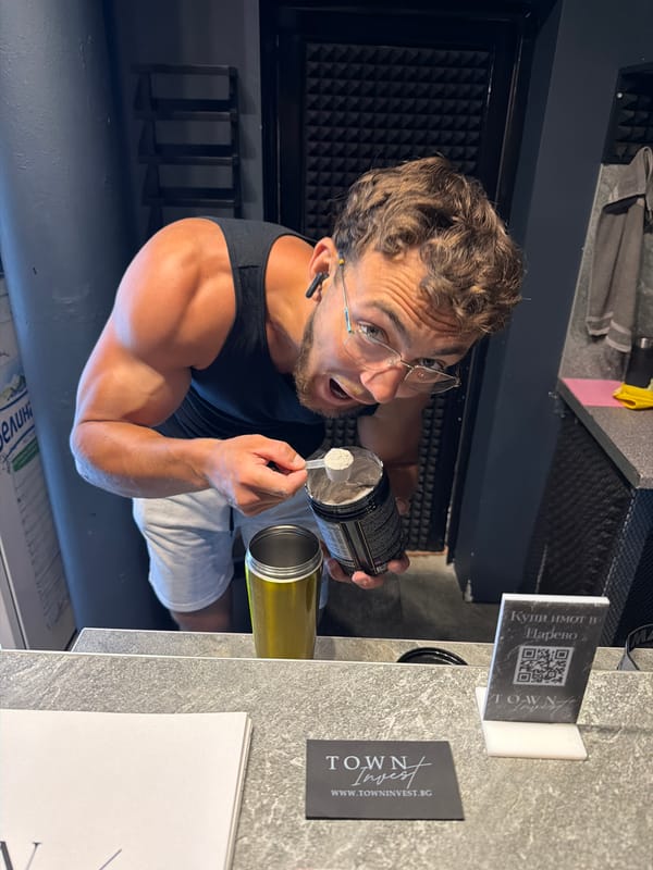 Protein shake prep at a counter in Tsarevo, Bulgaria