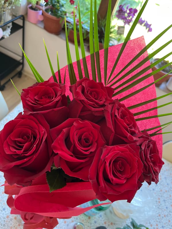 Red rose bouquets documented in early morning floral display