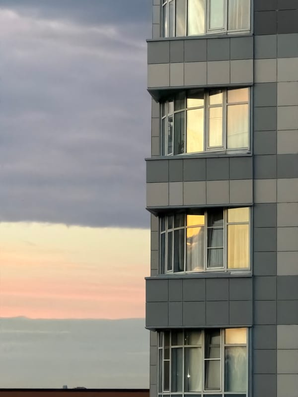 Low-angle building exteriors and a sunset sky with bird in flight